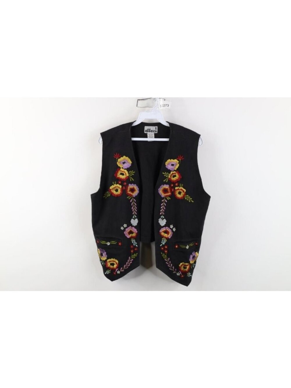 Vintage 90s Streetwear Womens Large Embroidered Flower Open Front Vest Jacket